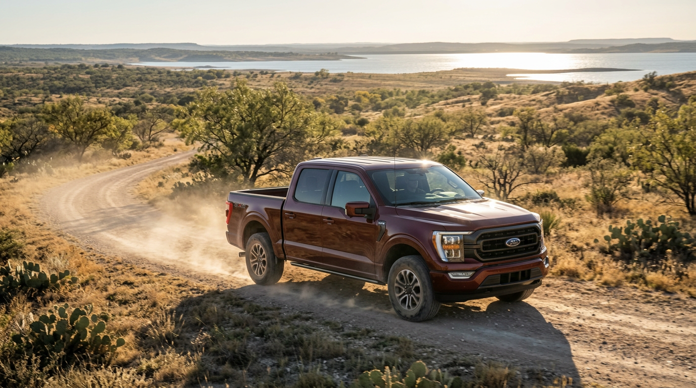 Reddish-brown Ford F-150 pickup truck driving along a dusty dirt road near a lake in an arid landscape. (Representative image for illustration purposes only. Actual vehicle may vary based on trim and configuration.)