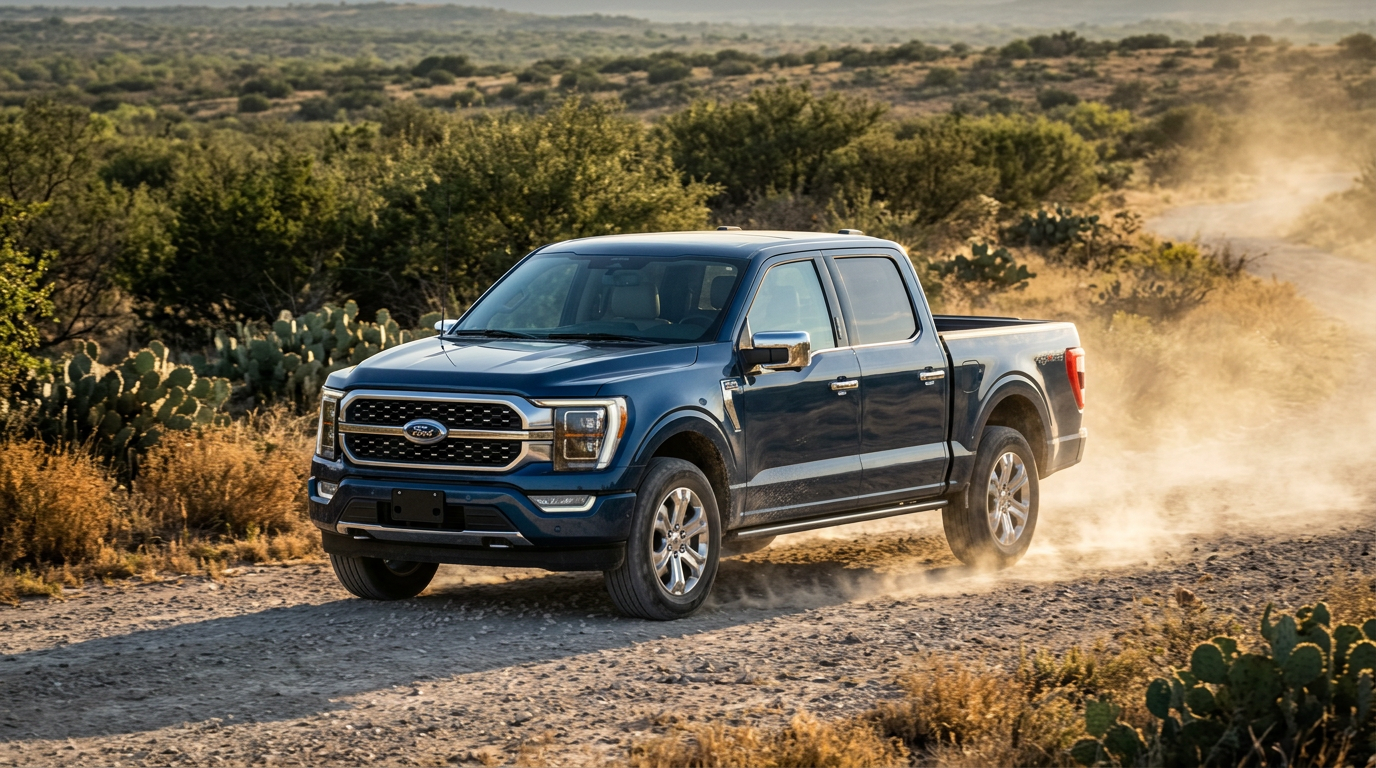 Blue Ford F-150 pickup truck driving on a dusty dirt road through a desert landscape. (Representative image for illustration purposes only. Actual vehicle may vary based on trim and configuration.)