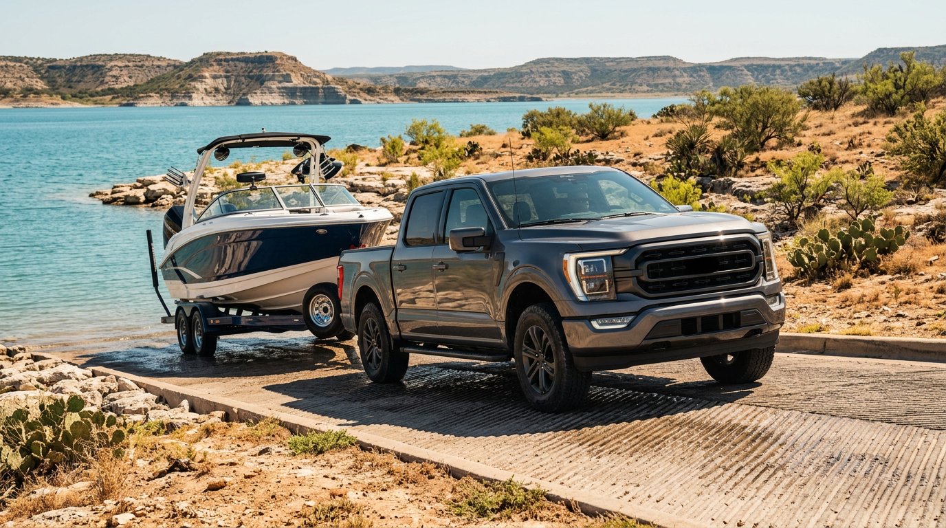 Dark grey pickup truck towing a white and blue speed boat down a concrete boat ramp into a turquoise lake. (Representative image for illustration purposes only. Actual vehicle may vary based on trim and configuration.)