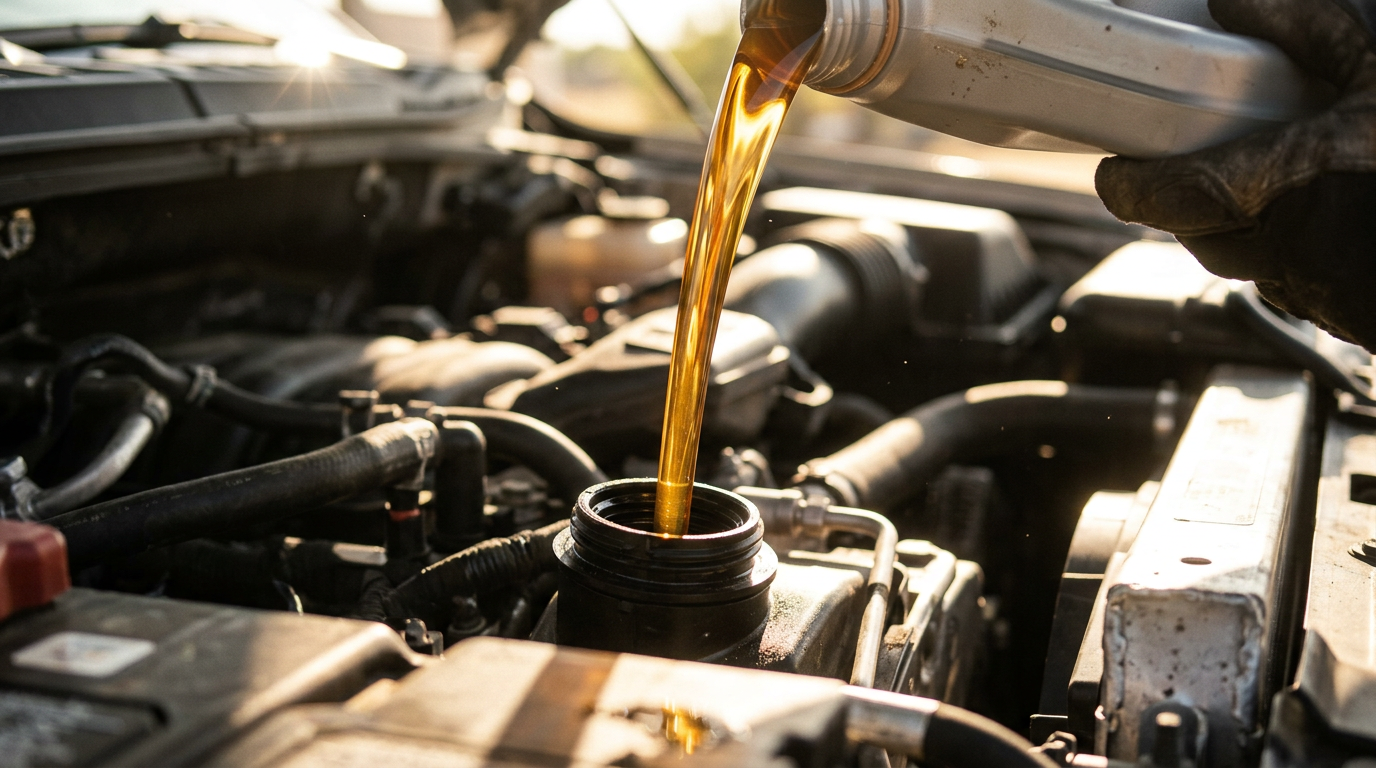 A gloved hand pouring fresh golden motor oil into a car engine fill port during vehicle maintenance. (Representative image for illustration purposes only. Actual vehicle may vary based on trim and configuration.)