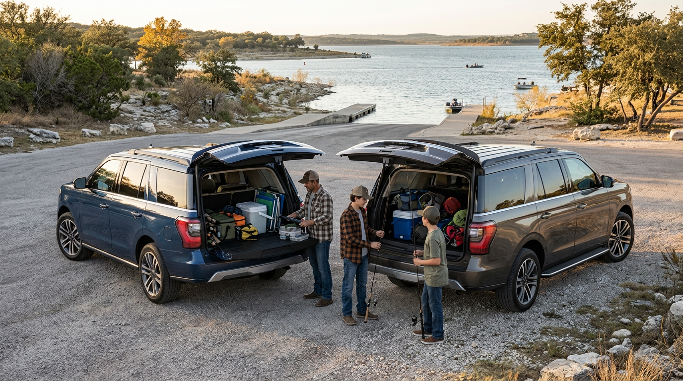 Two SUVs with open trunks packed with camping and fishing gear next to a lake with a man and two boys. (Representative image for illustration purposes only. Actual vehicle may vary based on trim and configuration.)
