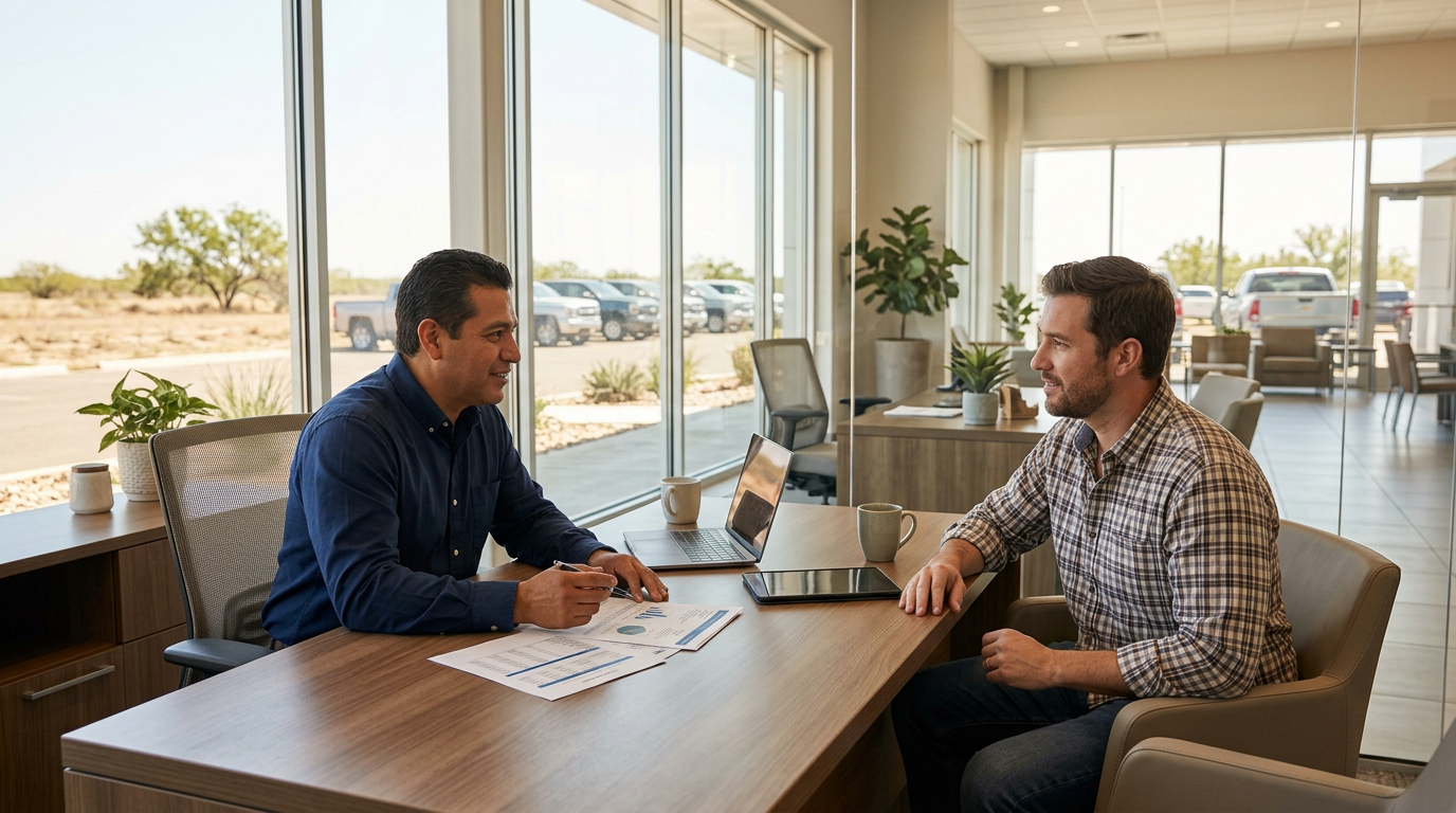 An agent in a blue shirt reviews financial paperwork with a male client across a wooden desk in a bright office. (Representative image for illustration purposes only. Actual vehicle may vary based on trim and configuration.)