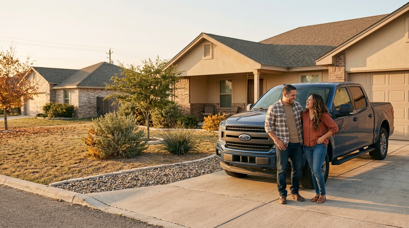 A warm, lifestyle photograph of a smiling Hispanic couple standing outdoors in a South Texas residential neighborhood, standing next to a modern Ford F-150 crew-cab pickup truck parked on a paved driveway, a modest single-story ranch home in the background, semi-arid landscaping with native shrubs under a clear blue sunny sky, eye-level wide shot, rule-of-thirds composition, soft golden-hour natural lighting casting warm glow across the scene, rich earthy color palette of sun-baked beige, terracotta, deep blues, and warm amber tones, optimistic and authentic regional community atmosphere, commercial lifestyle photography, crisp detail, cinematic depth of field, clean background, no visible logos, text, or license plates. (Representative image for illustration purposes only. Actual vehicle may vary based on trim and configuration.)